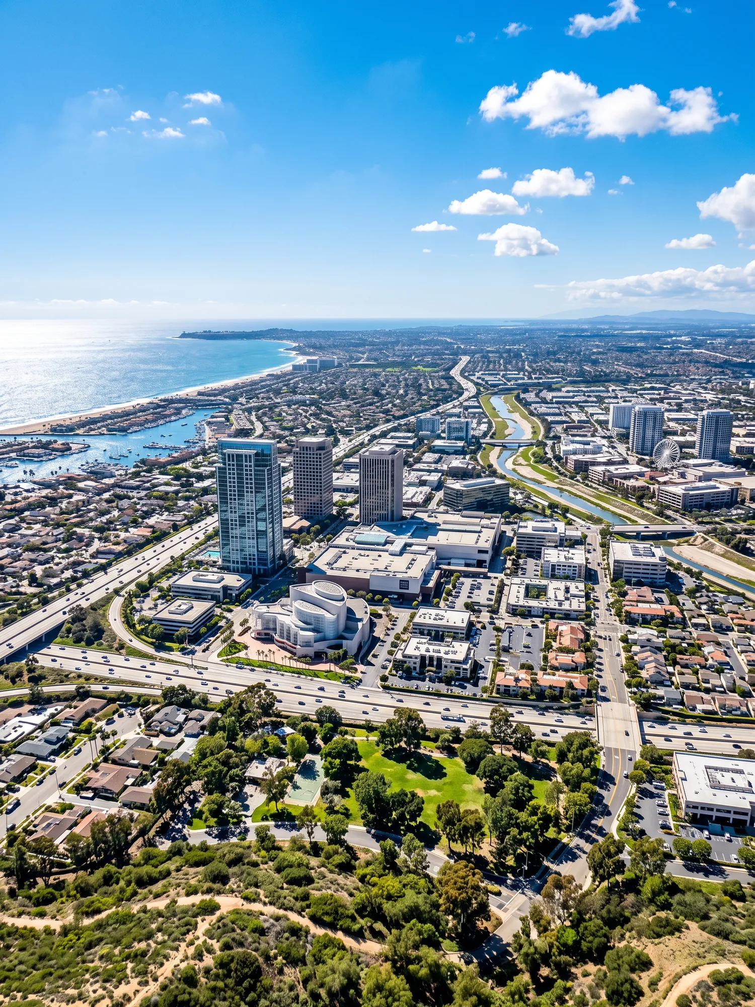 Panoramic cityscape view of Orange County in bright daylight
