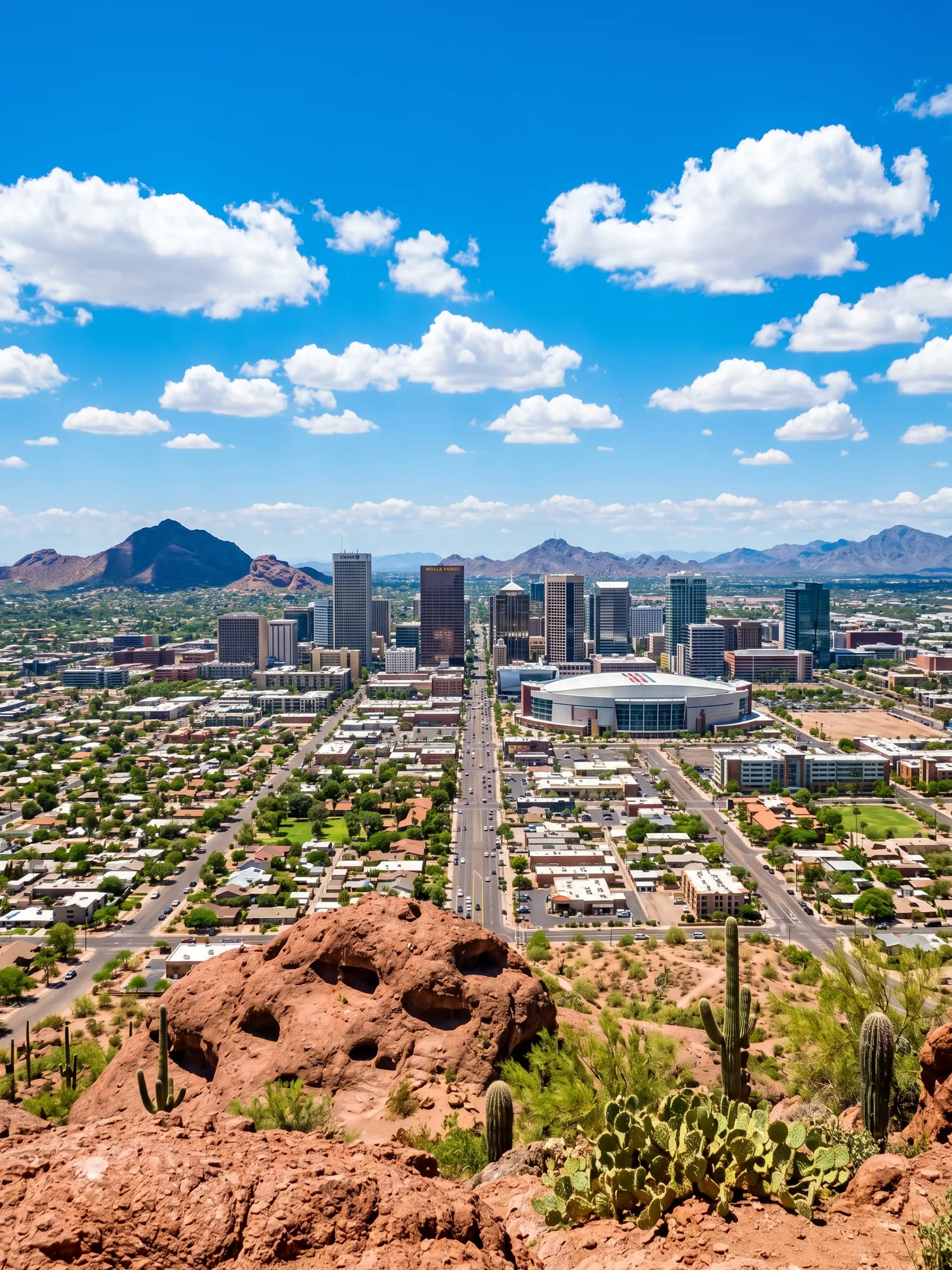 Panoramic cityscape view of Phoenix in bright daylight