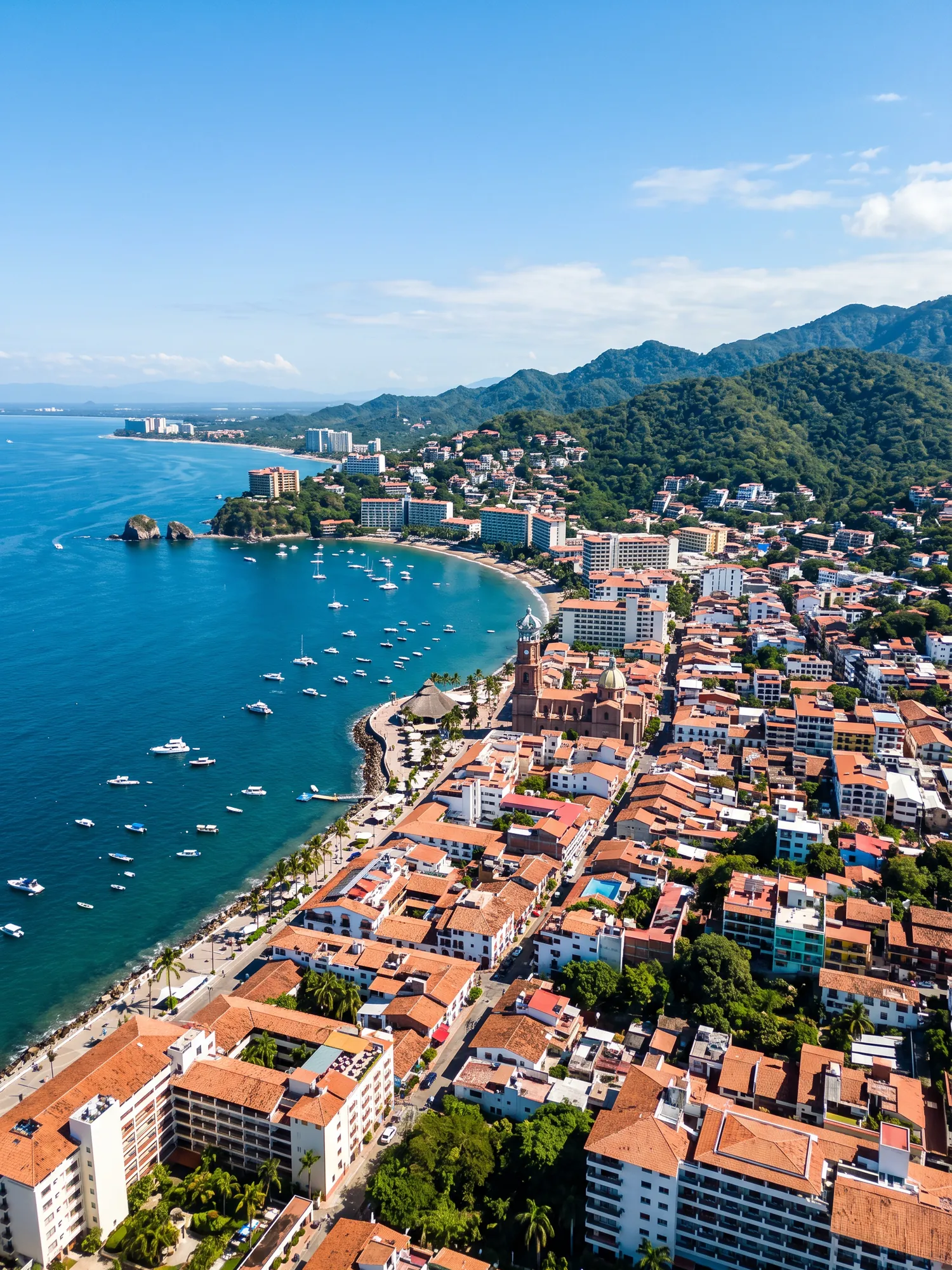 Panoramic cityscape view of Puerto Vallarta in bright daylight
