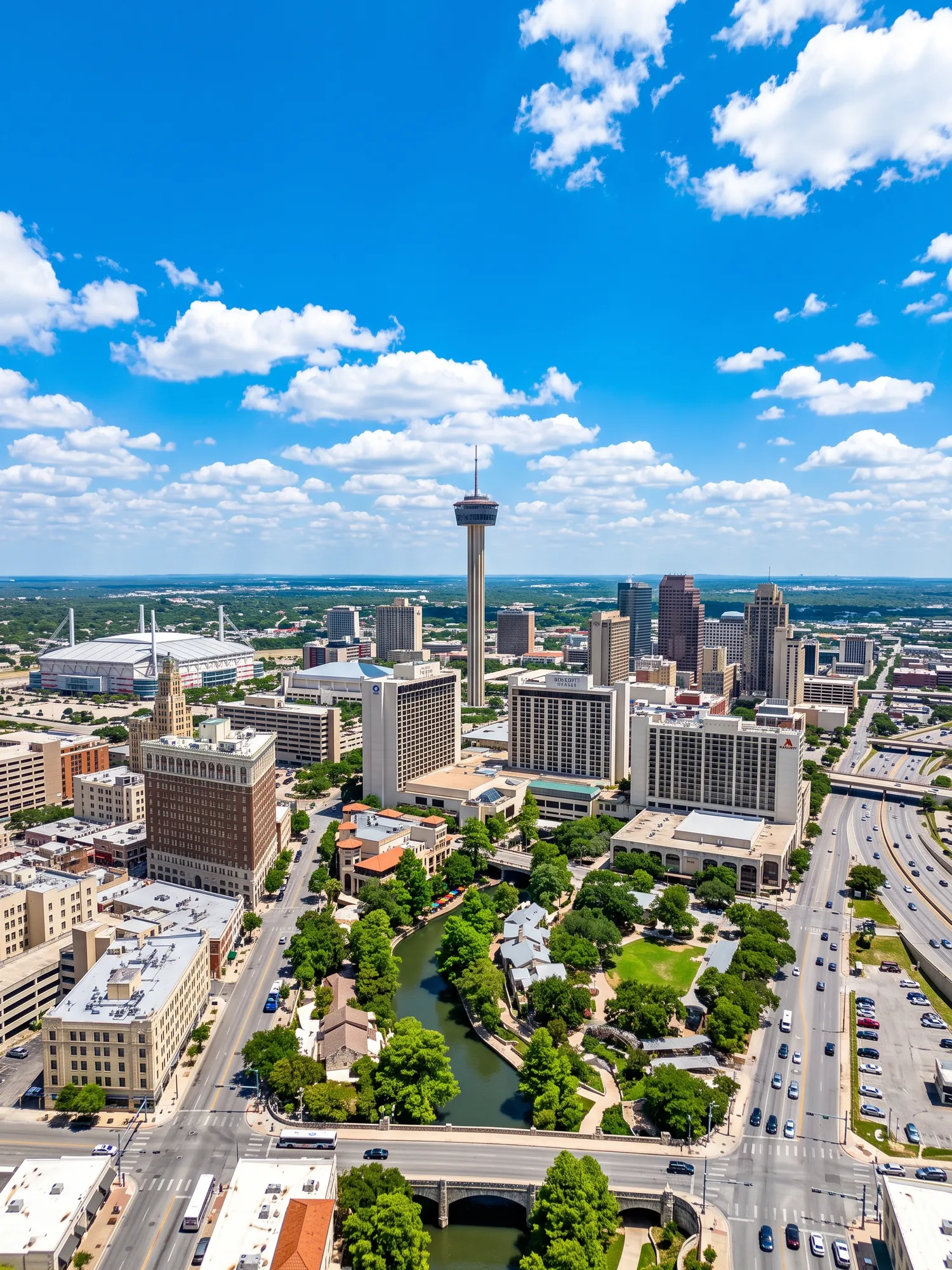 Panoramic cityscape view of San Antonio in bright daylight