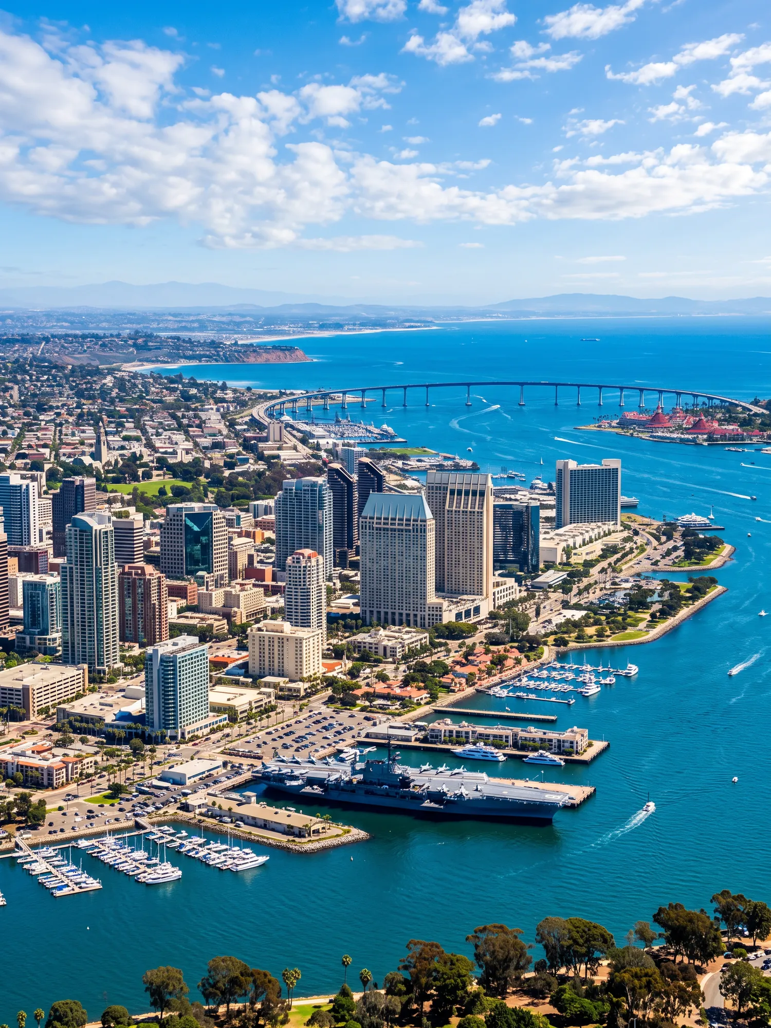 Panoramic cityscape view of San Diego in bright daylight