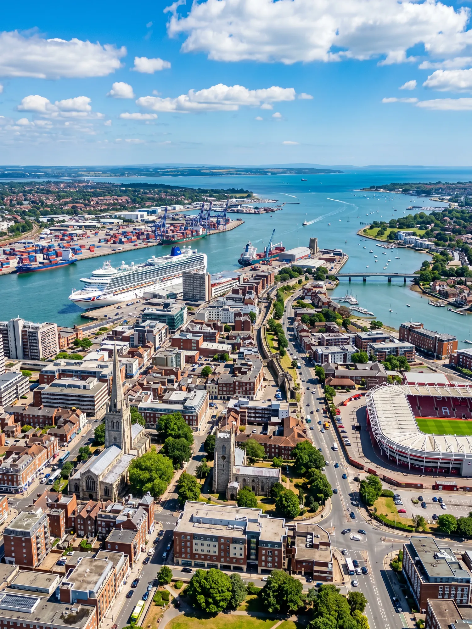 Panoramic cityscape view of Southampton in bright daylight