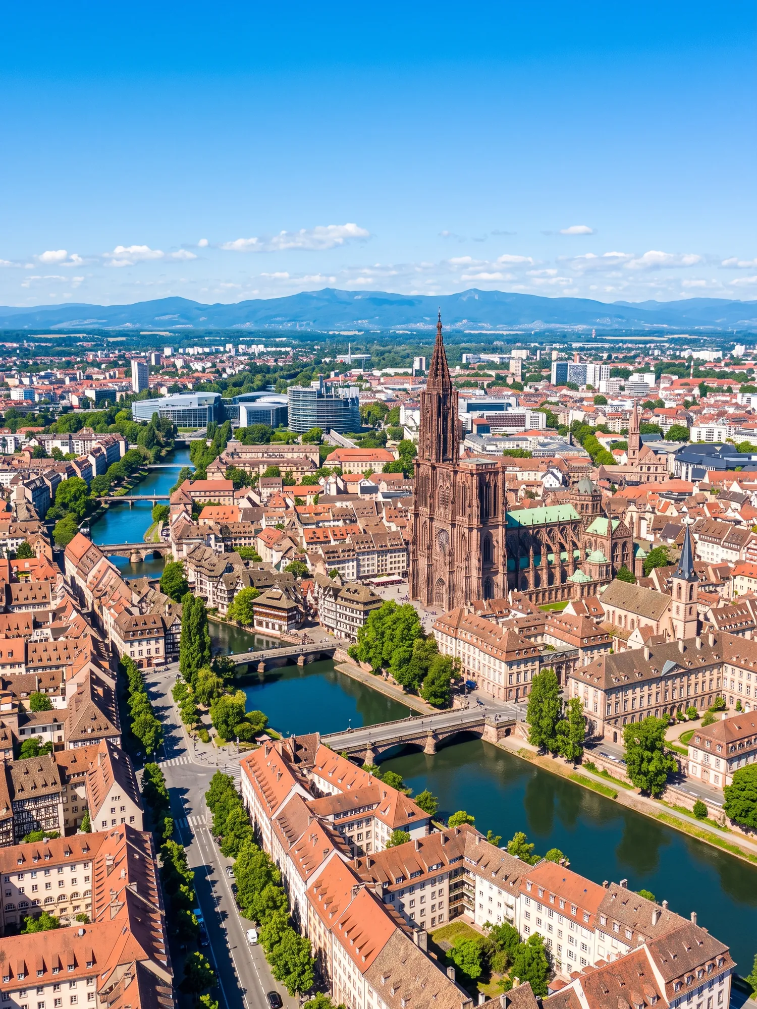 Panoramic cityscape view of Strasbourg in bright daylight