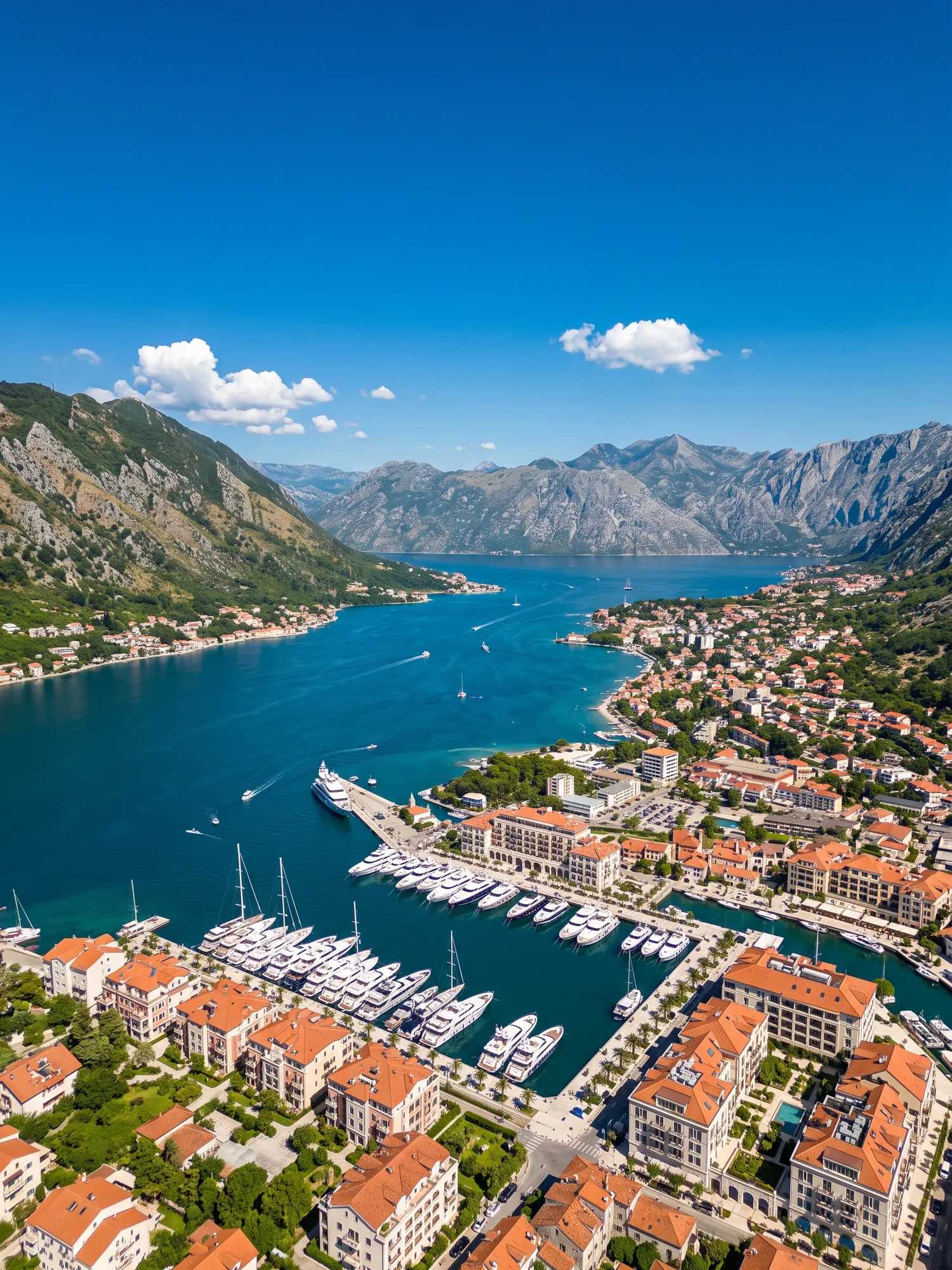 Panoramic cityscape view of Tivat in bright daylight
