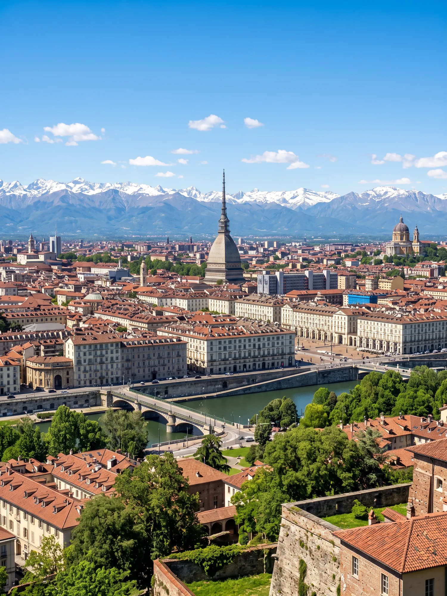 Panoramic cityscape view of Turin in bright daylight