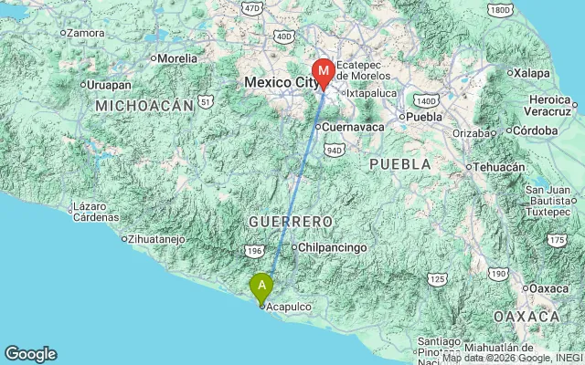 Flight path from Acapulco to Mexico City