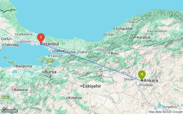 Flight path from Ankara to Istanbul