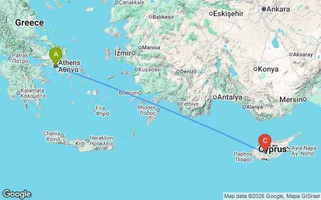 Flight path from Athens to Cyprus