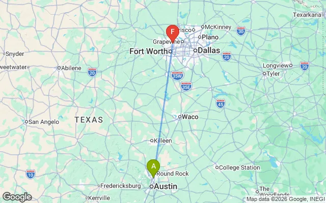 Flight path from Austin to Fort Worth