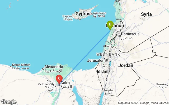 Flight path from Beirut to Cairo