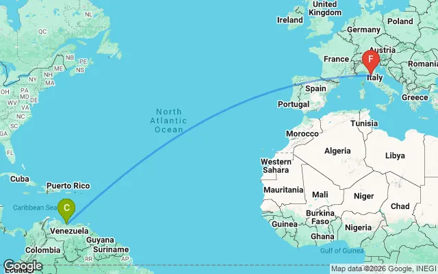 Flight path from Caracas to Florence