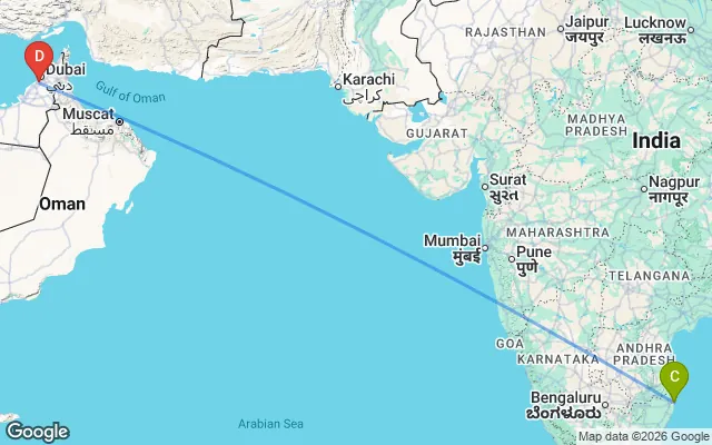 Flight path from Chennai to Dubai