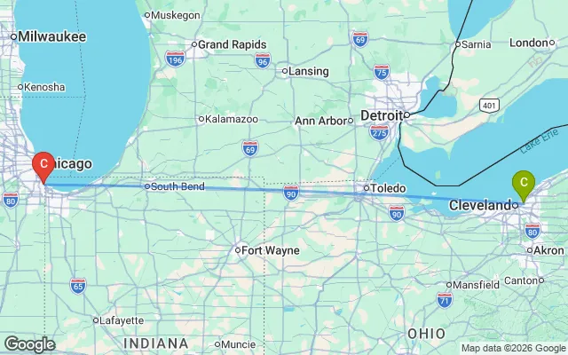 Flight path from Cleveland to Chicago