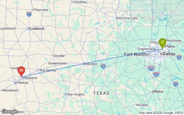 Flight path from Dallas to Midland