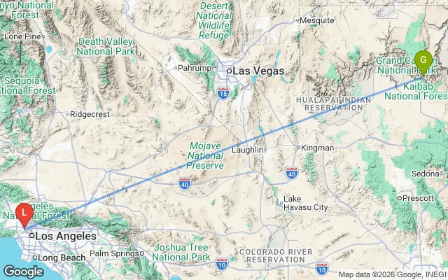 Flight path from Grand Canyon to Los Angeles