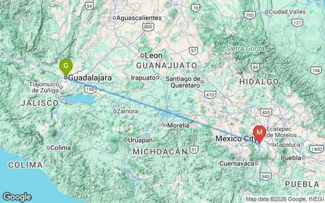 Flight path from Guadalajara to Mexico City