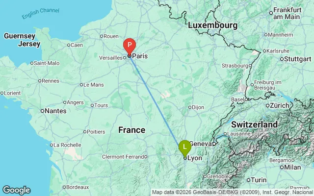 Flight path from Lyon to Paris