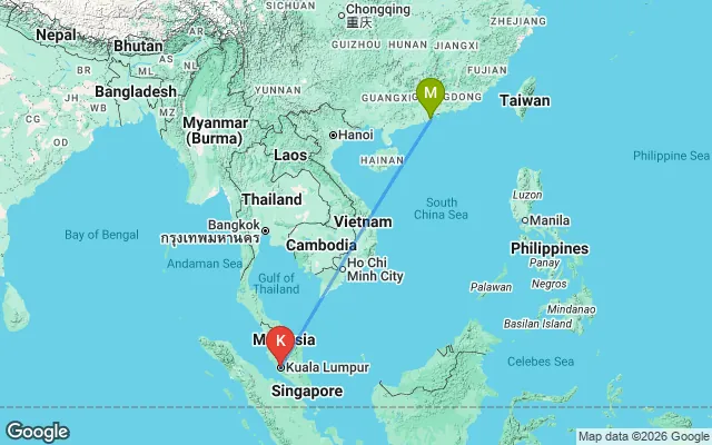 Flight path from Macao to Kuala Lumpur