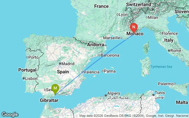 Flight path from Malaga to Nice
