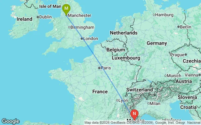 Flight path from Manchester to Nice