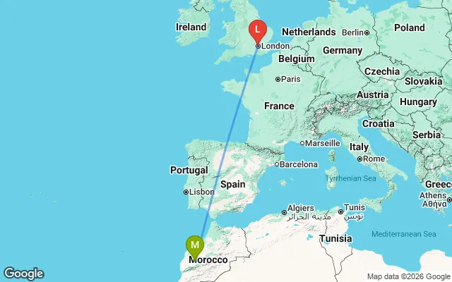 Flight path from Marrakesh to London