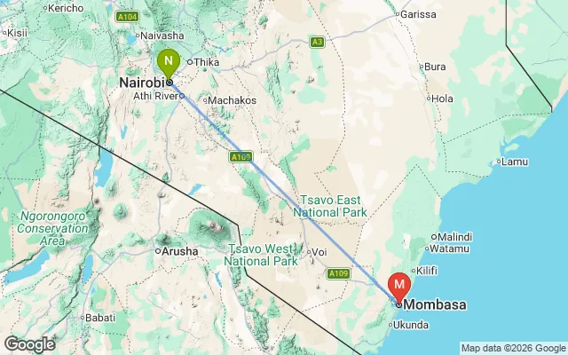 Flight path from Nairobi to Mombasa