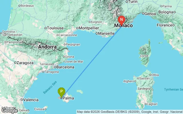 Flight path from Palma De Mallorca to Nice