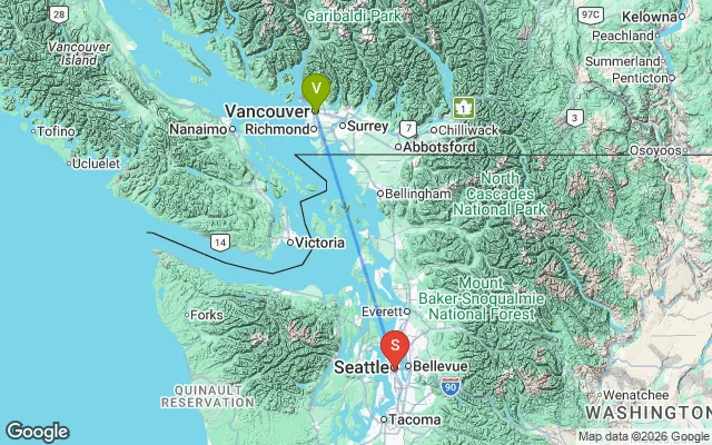 Flight path from Vancouver to Seattle