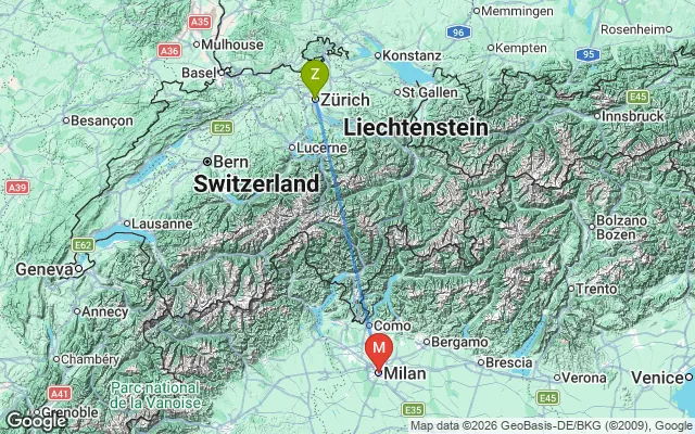 Flight path from Zurich to Milan