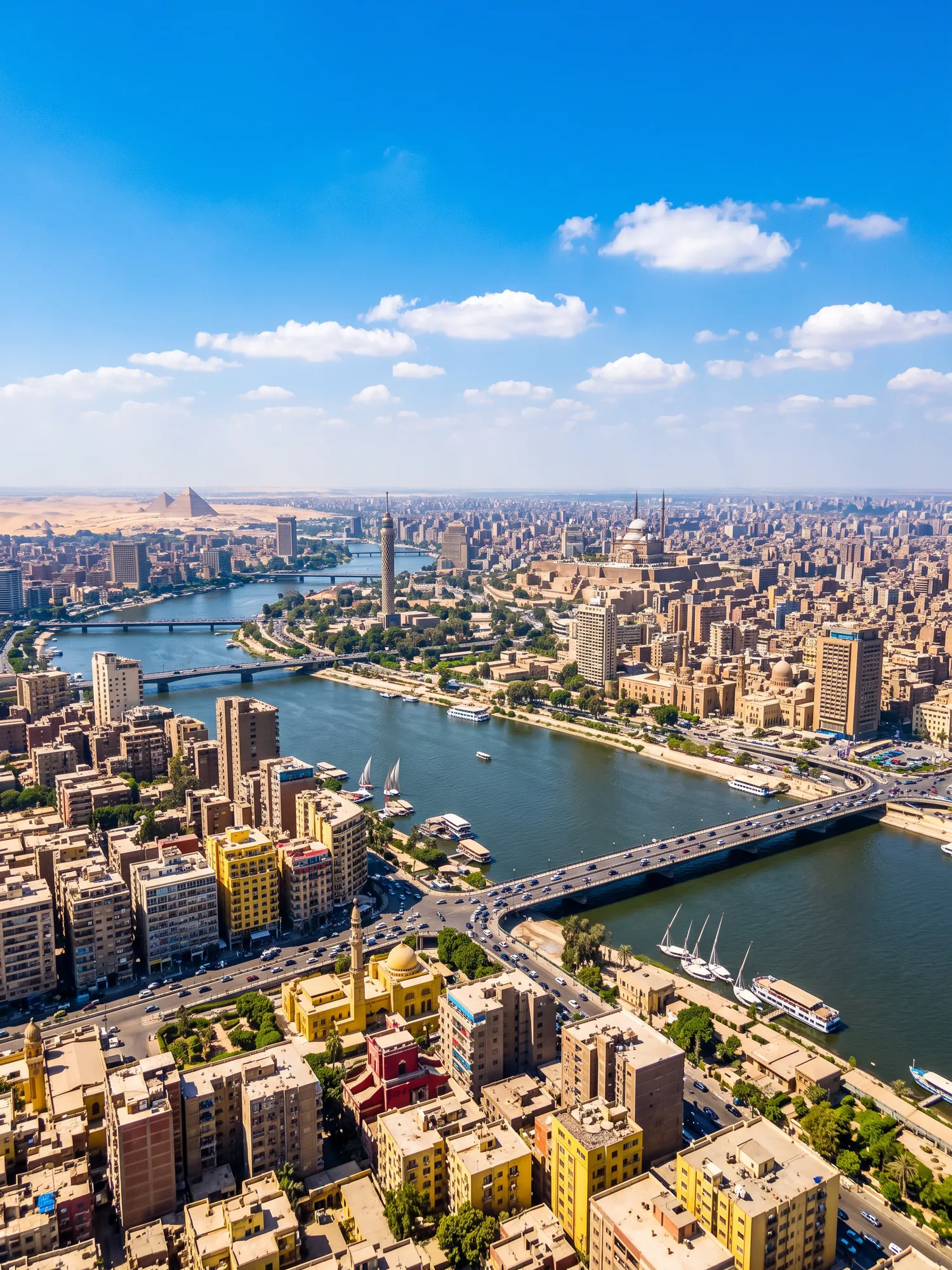 Panoramic aerial view of Cairo skyline in bright daylight