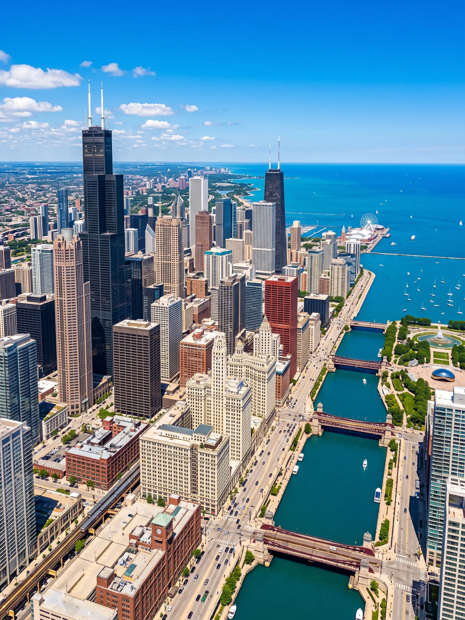 Panoramic aerial view of Chicago skyline in bright daylight
