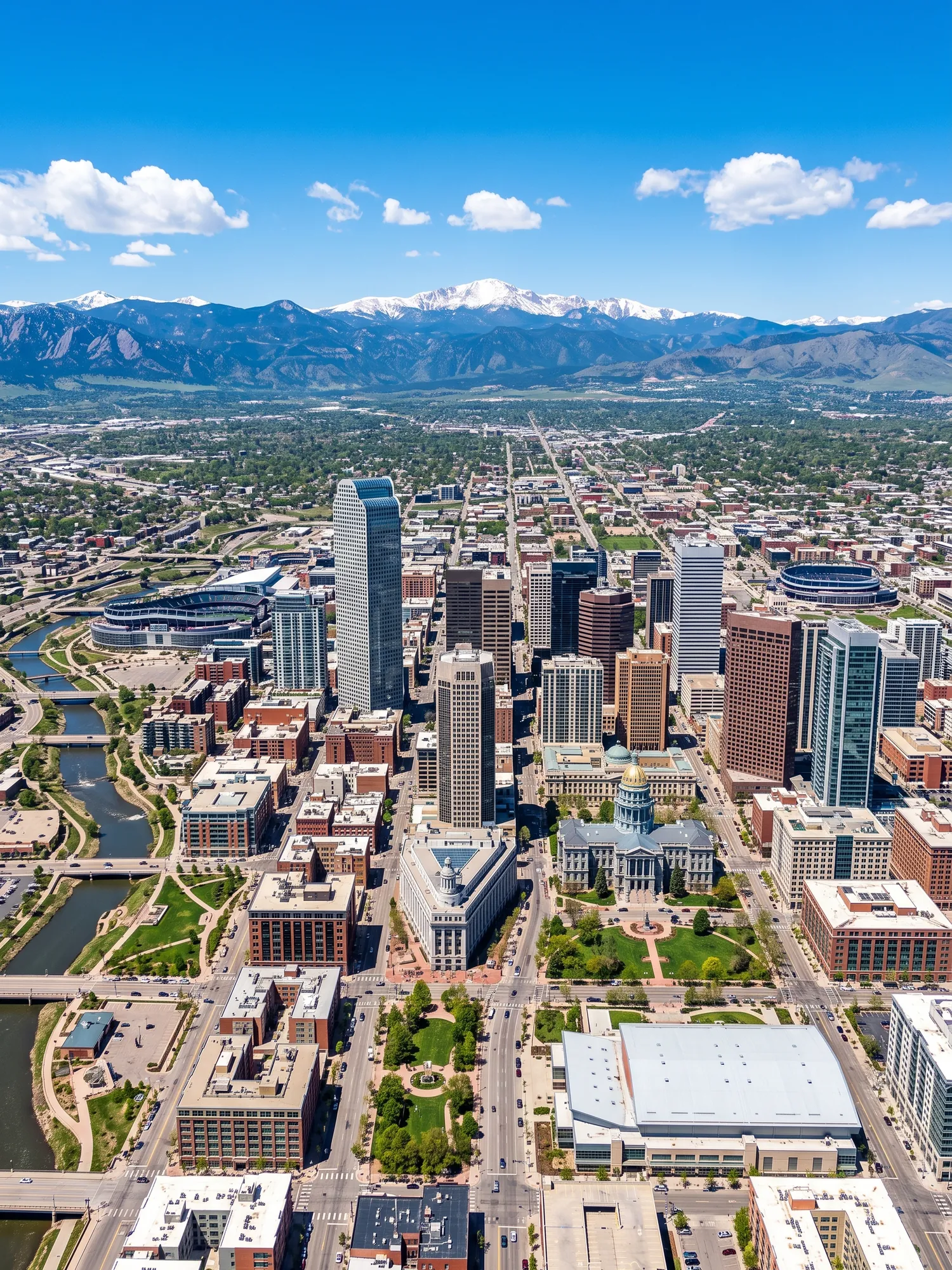 Panoramic aerial view of Denver skyline in bright daylight