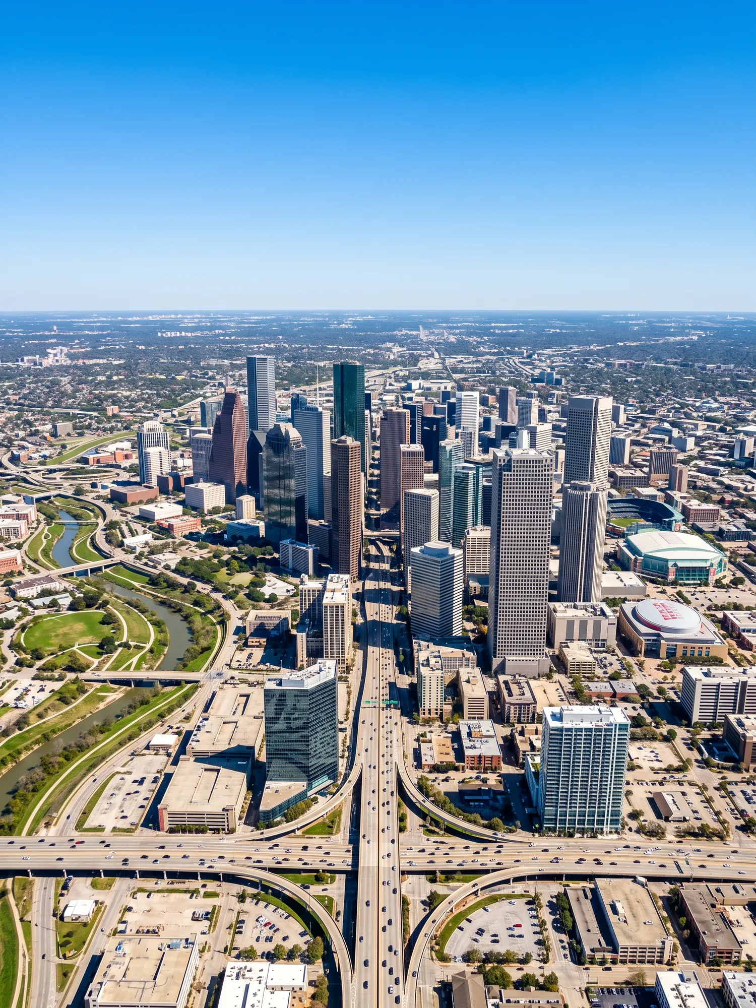 Panoramic aerial view of Houston skyline in bright daylight