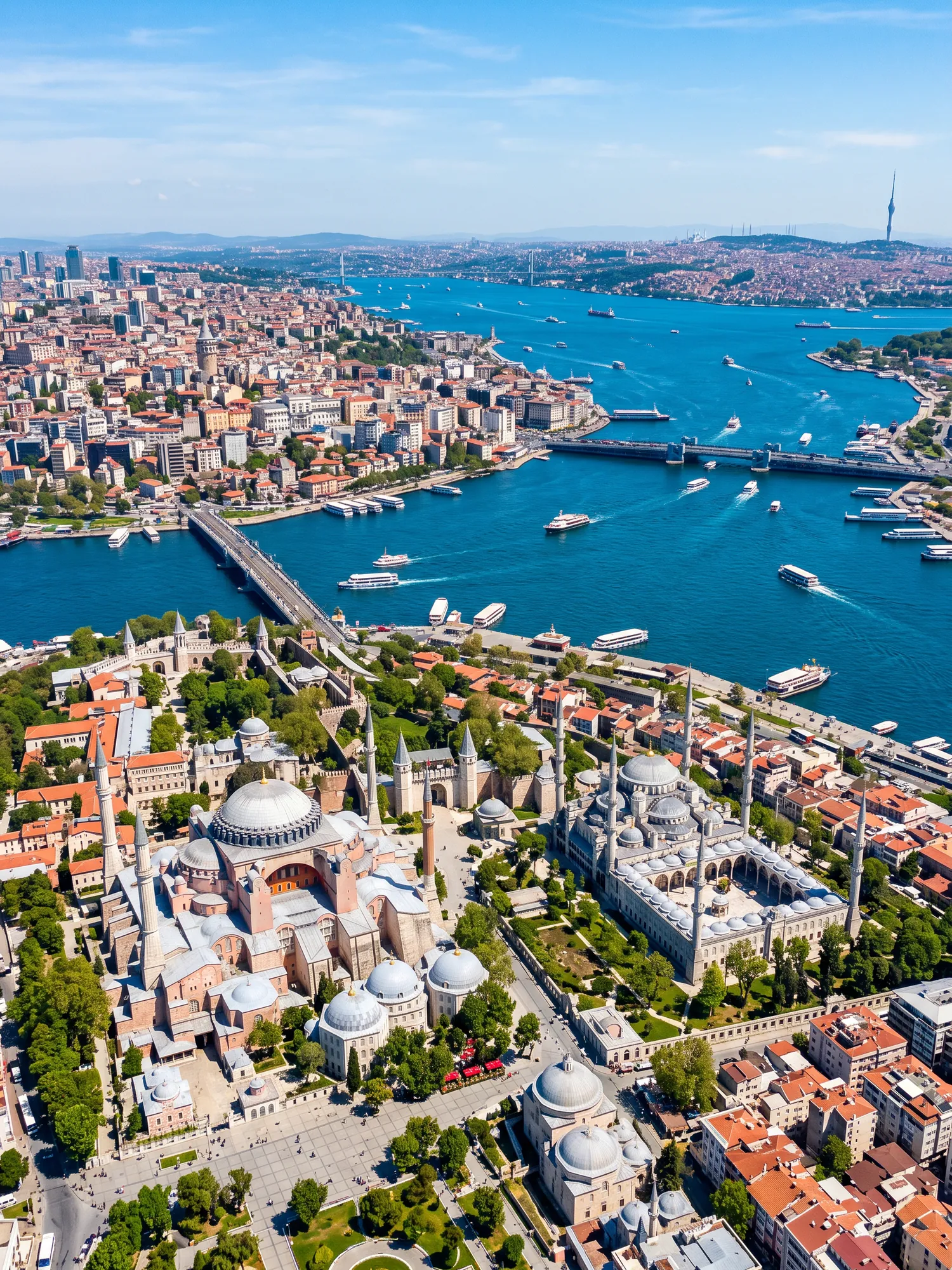 Panoramic aerial view of Istanbul skyline in bright daylight