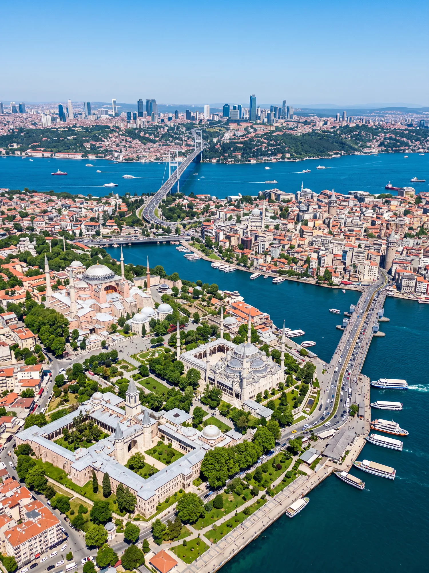 Panoramic aerial view of Istanbul skyline in bright daylight
