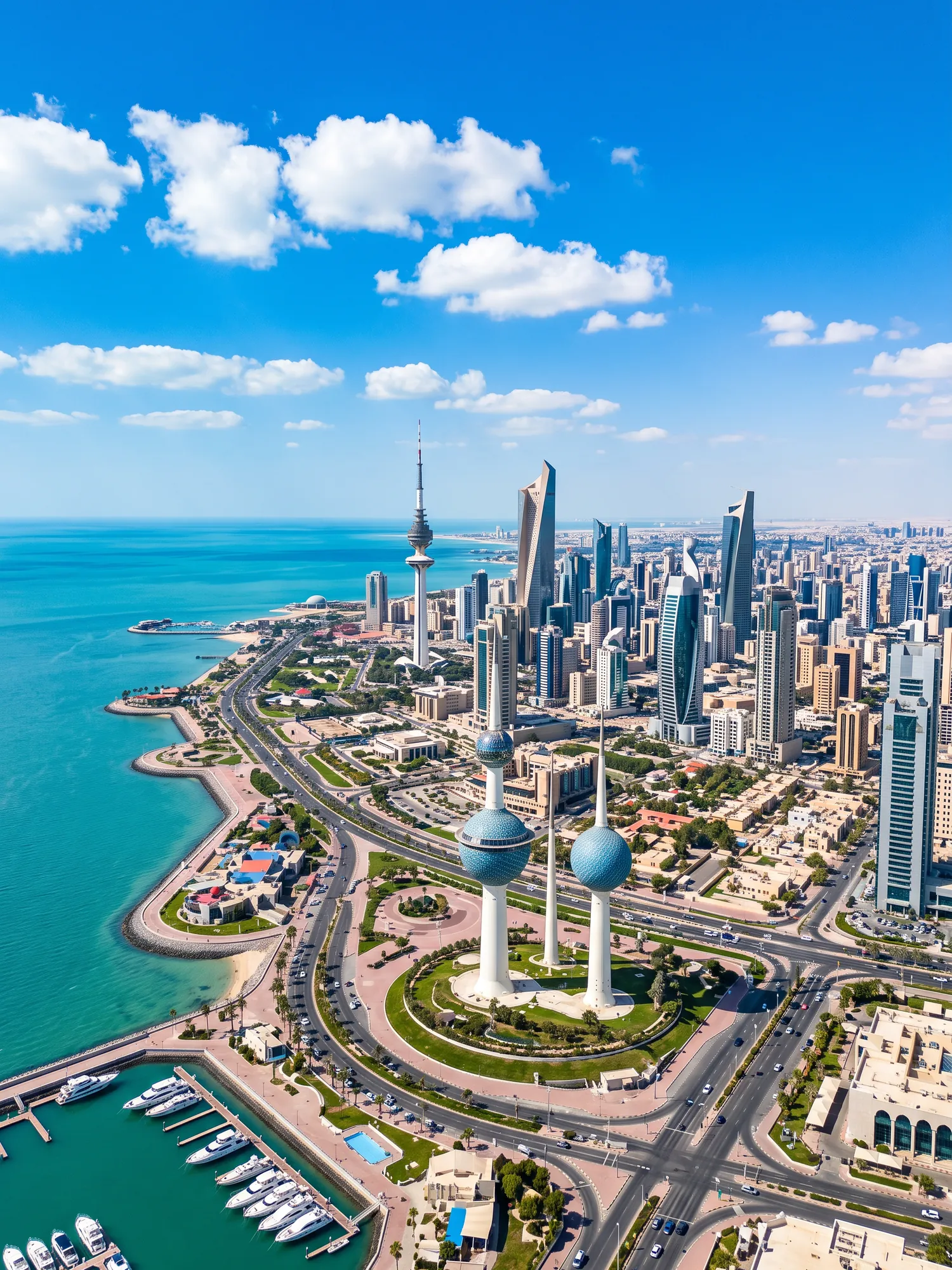 Panoramic aerial view of Kuwait skyline in bright daylight