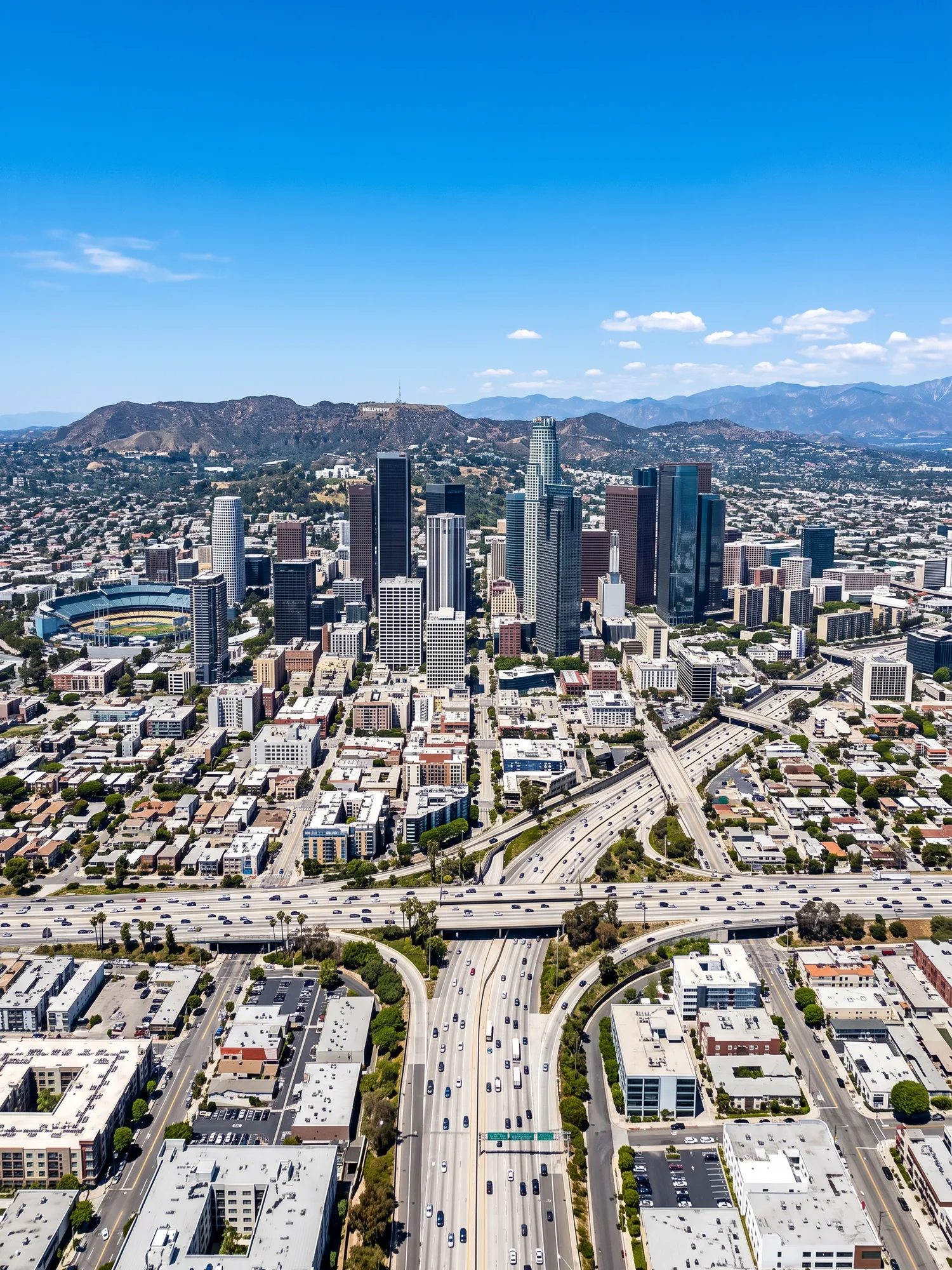 Panoramic aerial view of Los Angeles skyline in bright daylight