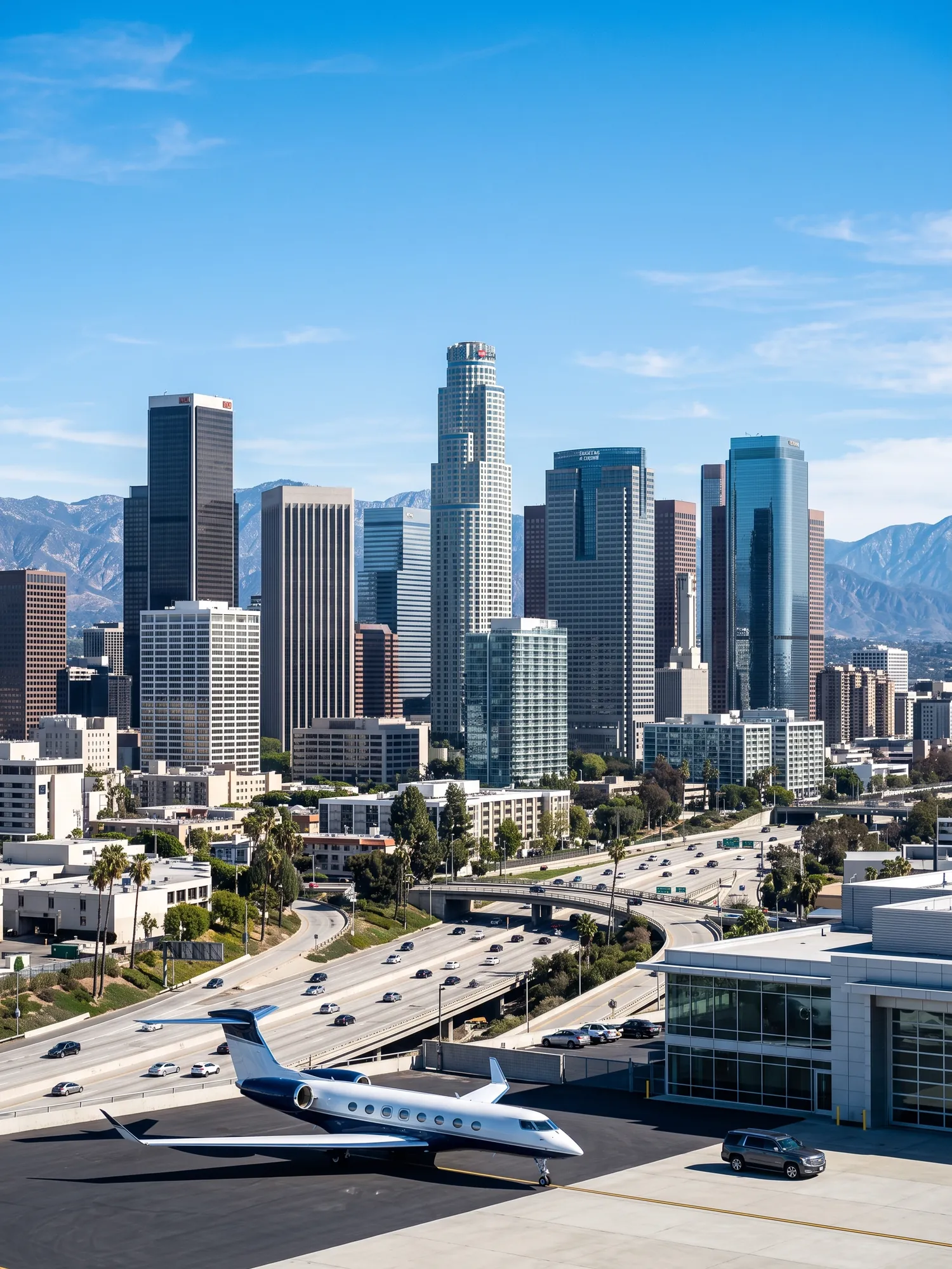 Panoramic aerial view of Los Angeles skyline in bright daylight