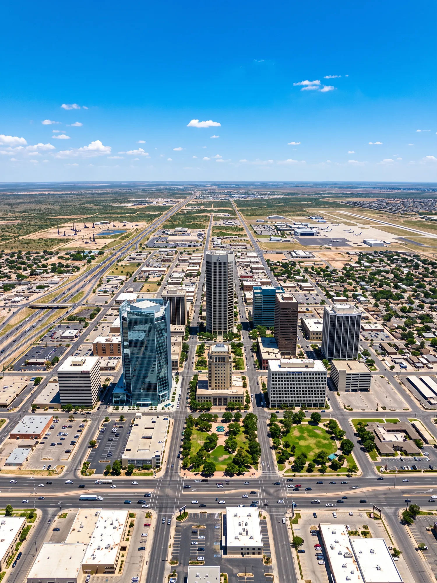 Panoramic aerial view of Midland skyline in bright daylight