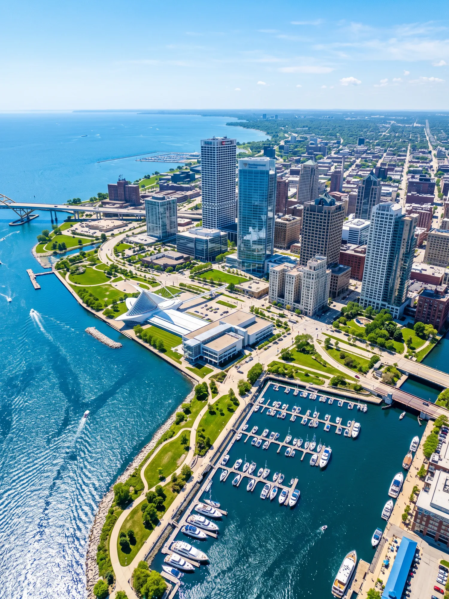 Panoramic aerial view of Milwaukee skyline in bright daylight