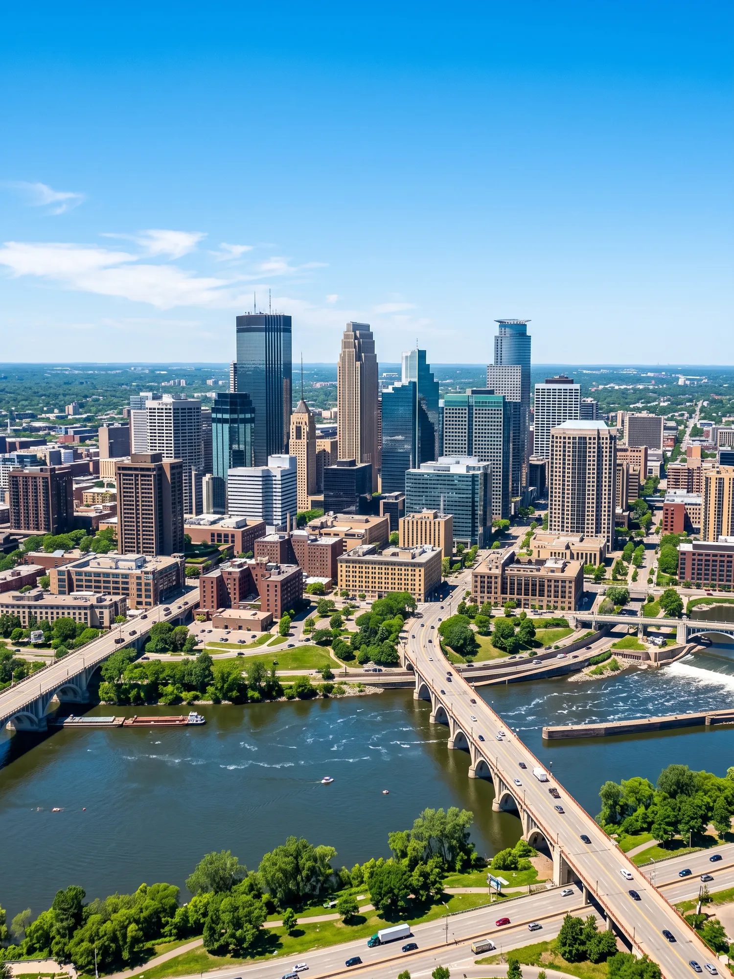 Panoramic aerial view of Minneapolis skyline in bright daylight