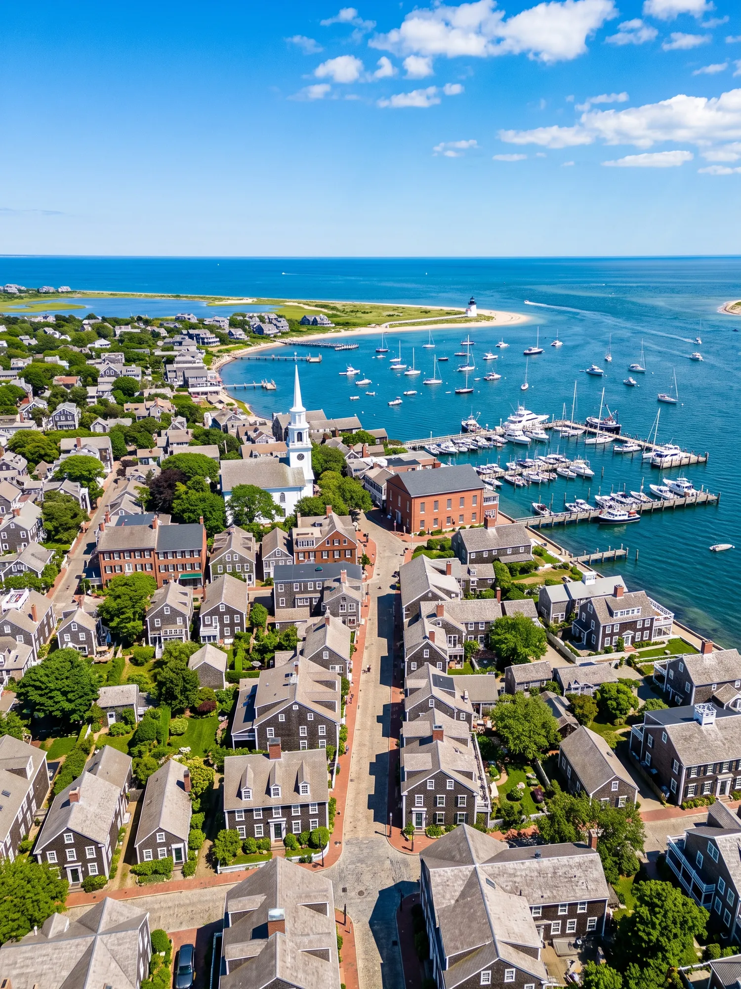 Panoramic aerial view of Nantucket skyline in bright daylight