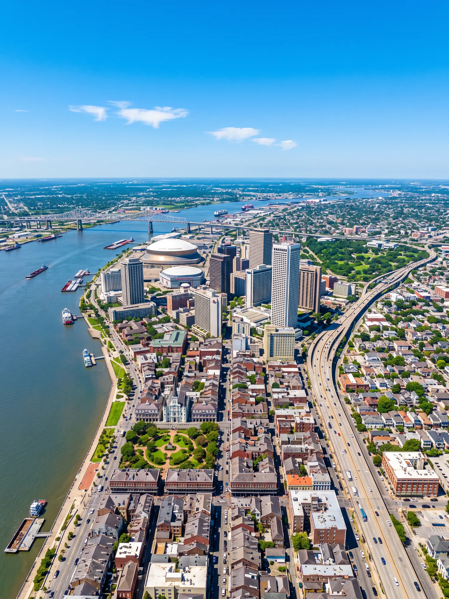 Panoramic aerial view of New Orleans skyline in bright daylight