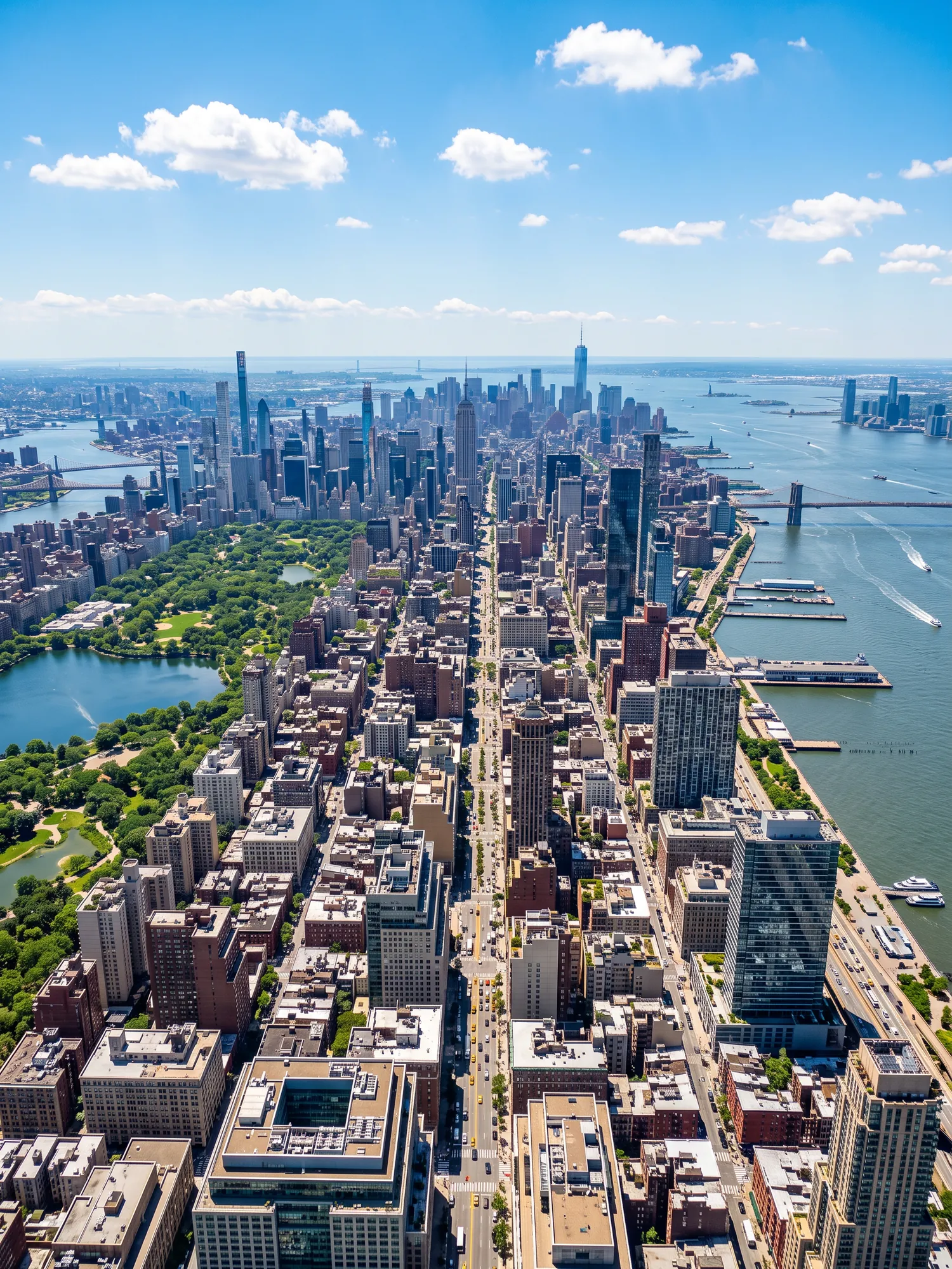 Panoramic aerial view of New York skyline in bright daylight