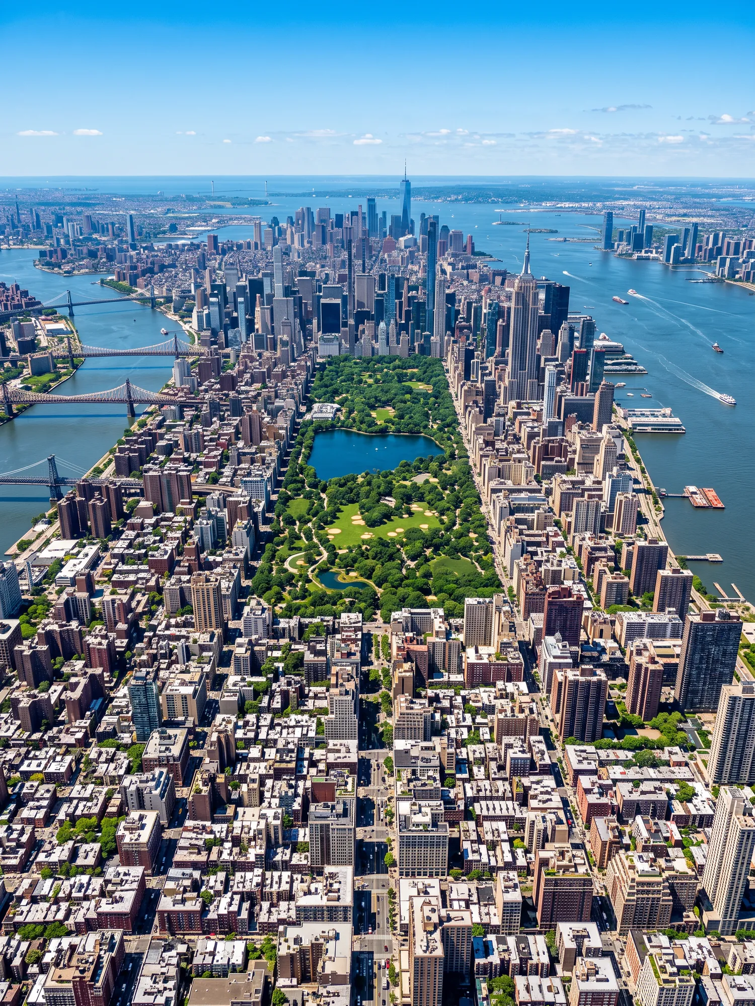 Panoramic aerial view of New York skyline in bright daylight