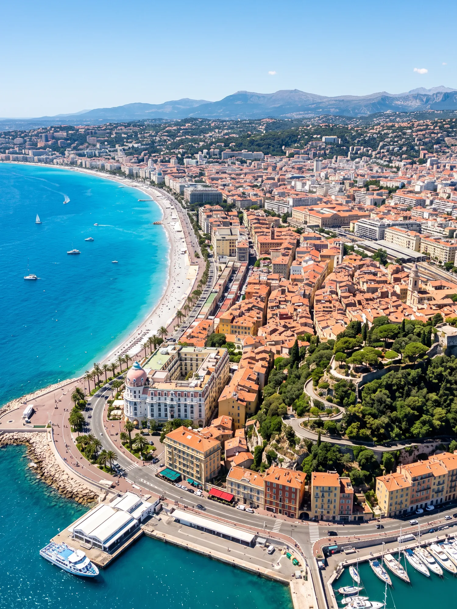 Panoramic aerial view of Nice skyline in bright daylight