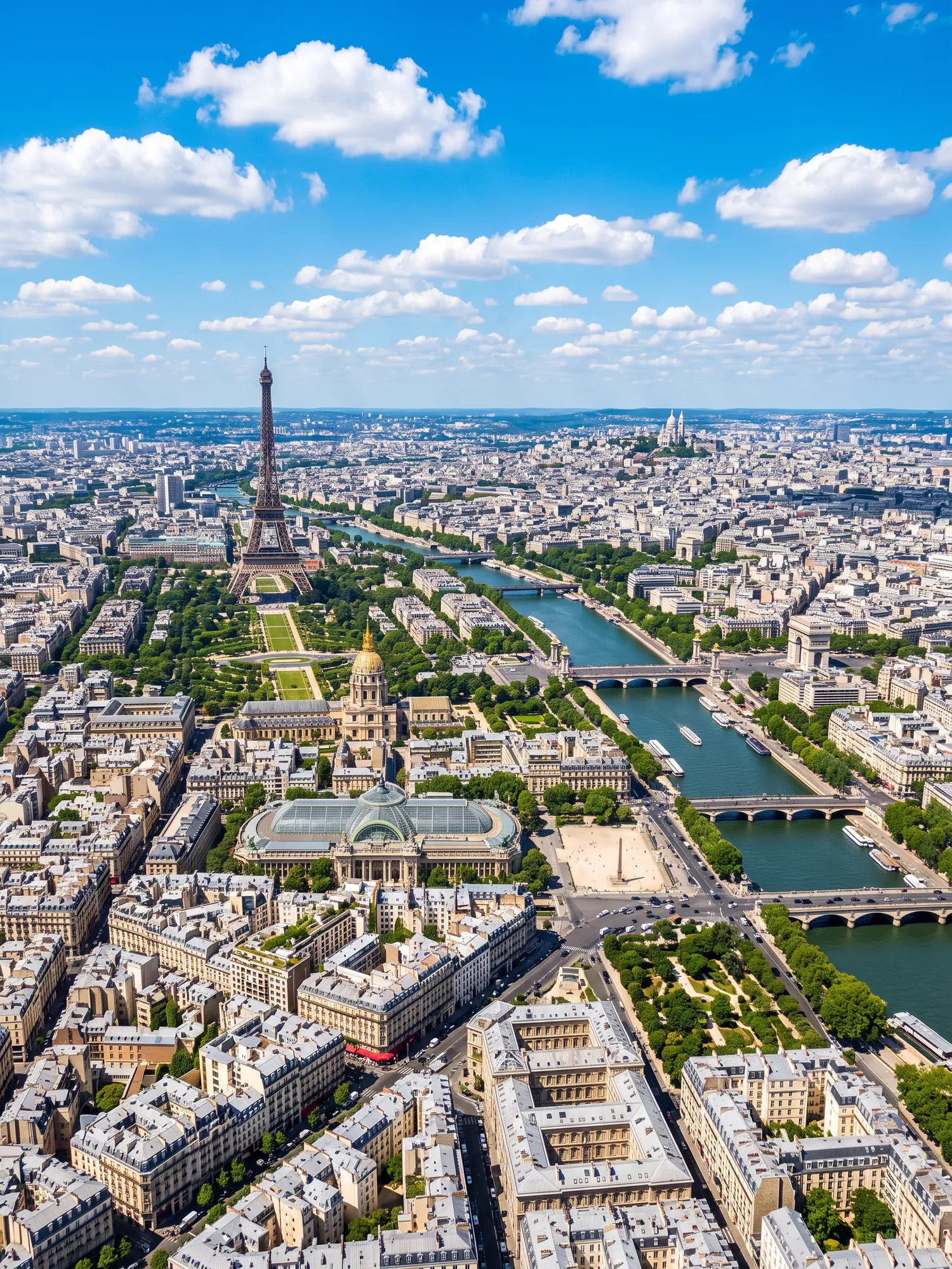 Panoramic aerial view of Paris skyline in bright daylight
