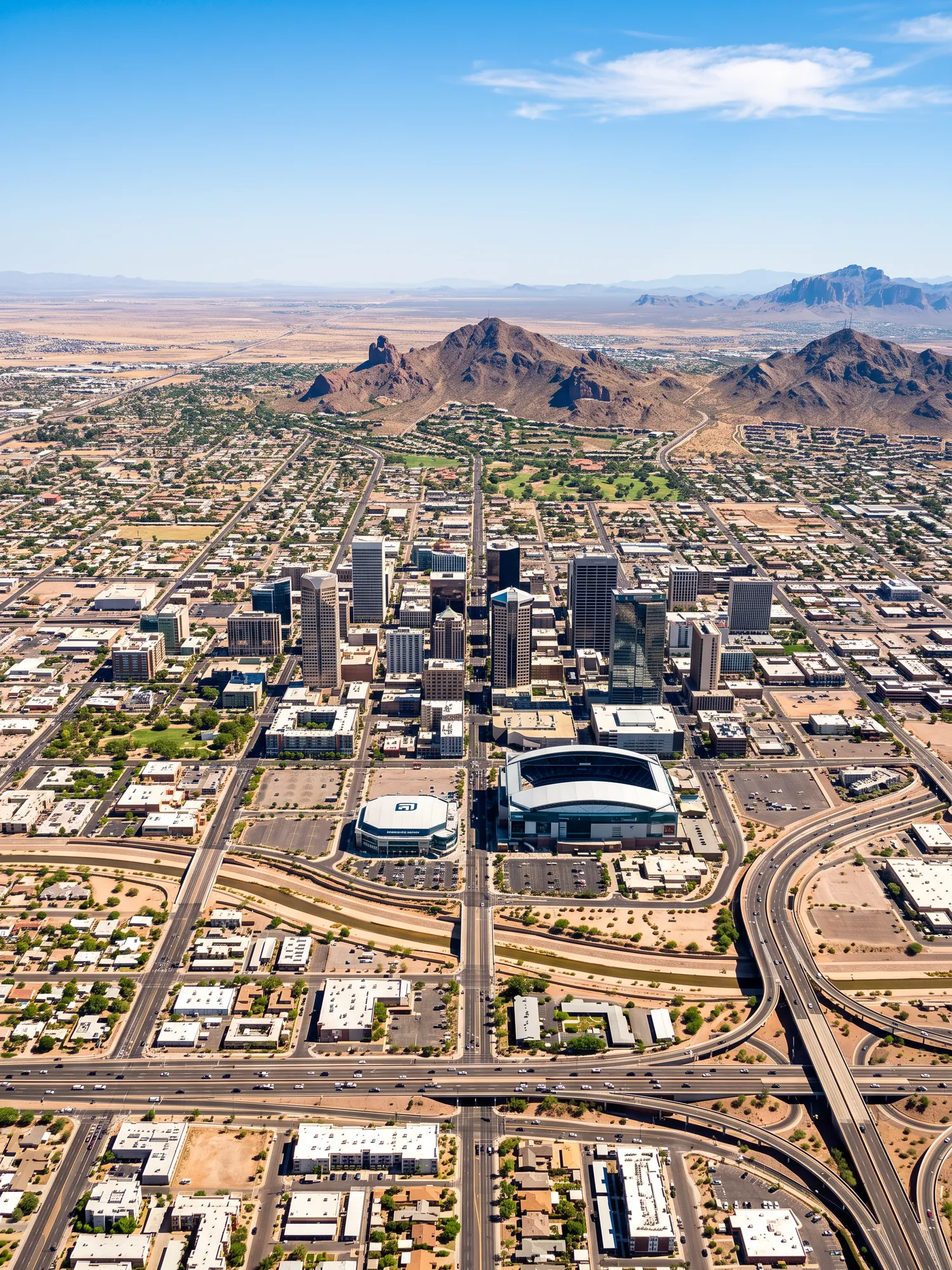Panoramic aerial view of Phoenix skyline in bright daylight