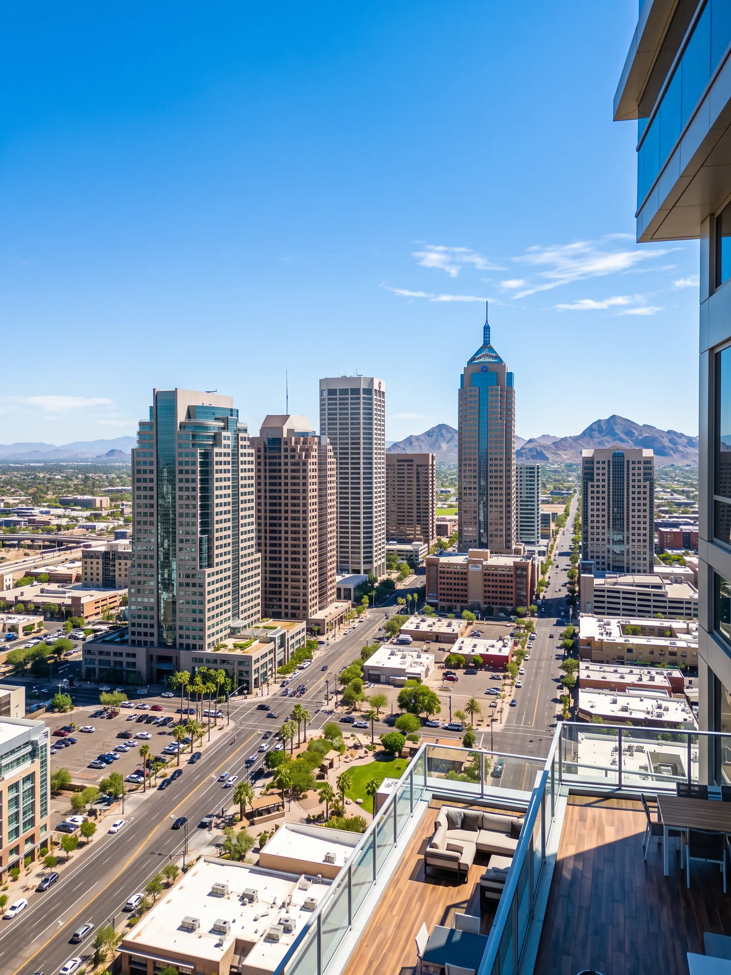 Panoramic aerial view of Phoenix skyline in bright daylight