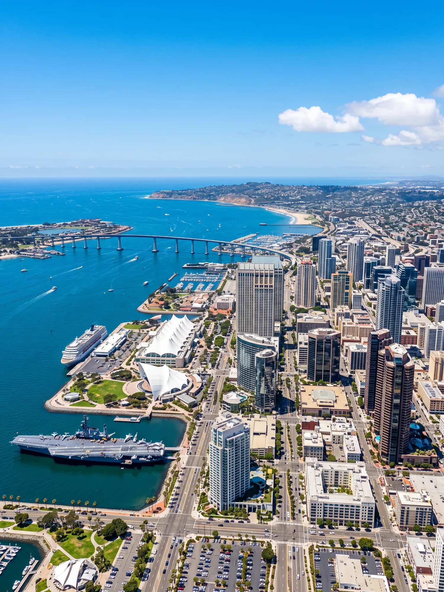 Panoramic aerial view of San Diego skyline in bright daylight